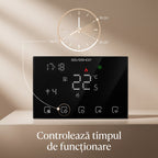 Butonul de timp al termostatului BHT-8000RF evidențiat, cu un ceas care marchează 08:00 și 18:00