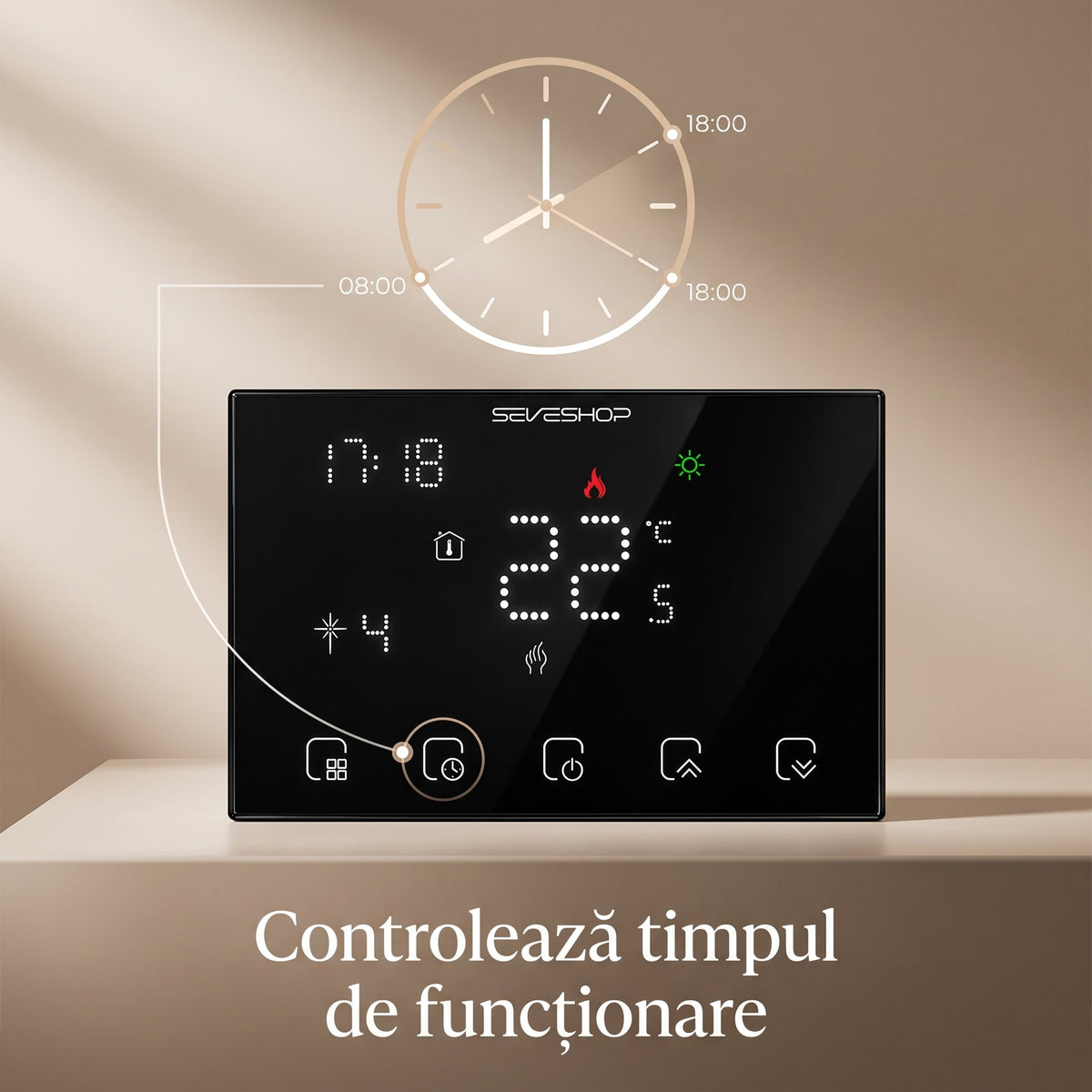 Butonul de timp al termostatului BHT-8000RF evidențiat, cu un ceas care marchează 08:00 și 18:00