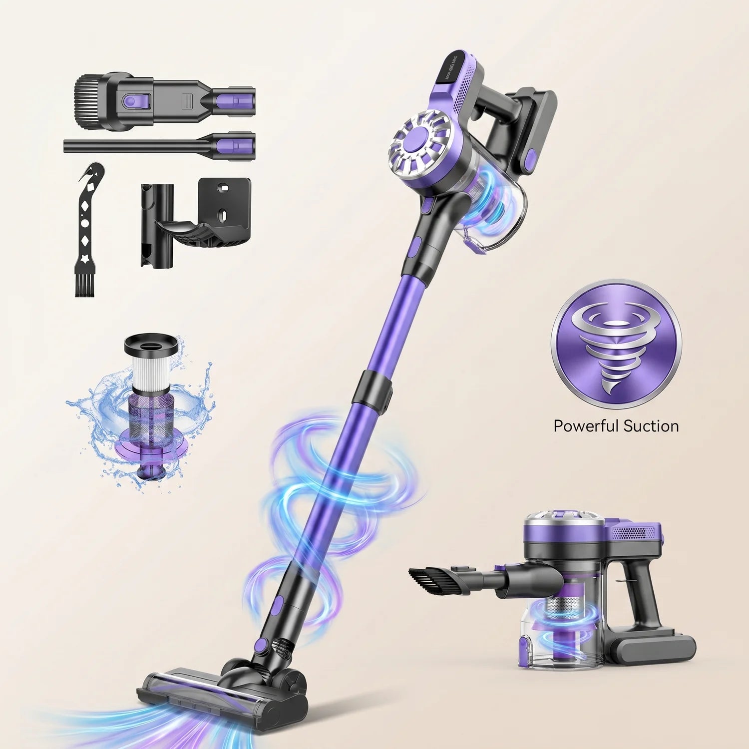 Aspirator Vertical V08 4 in 1, Fara Fir, 12000Pa, HEPA si LED